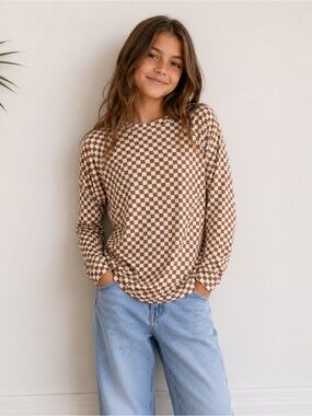 Little & Lively Brown and White Checkerboard Long Sleeve Tee Size 13-14 Bamboo